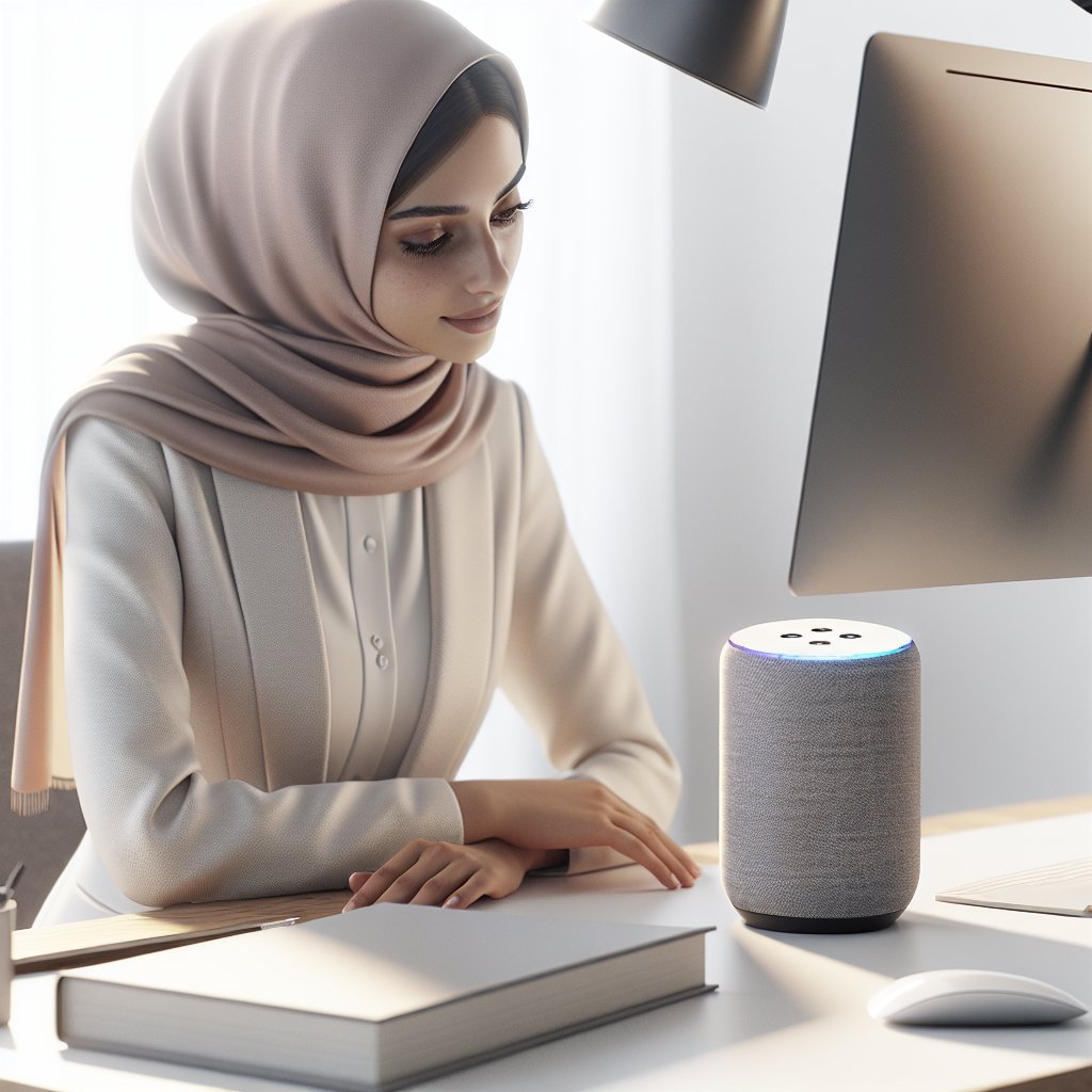 
person speaking to smart assistant at desk